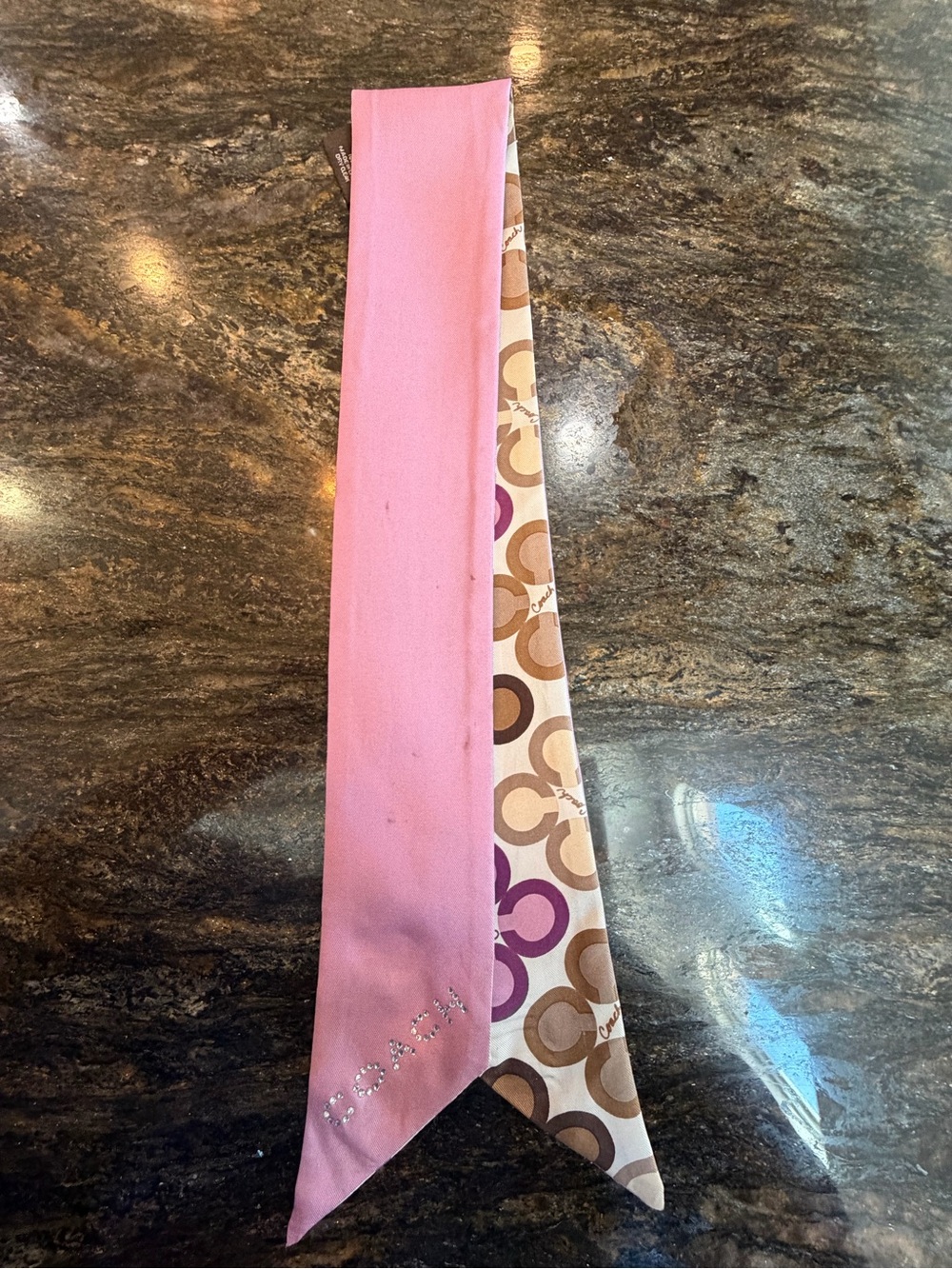 Coach Pink and Tan Signature Skinny Silk Scarf